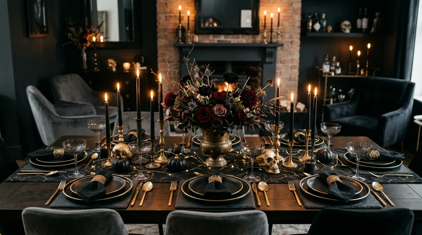 Layer darker textiles to shift the mood inspiration for a spooky chic Halloween interior.